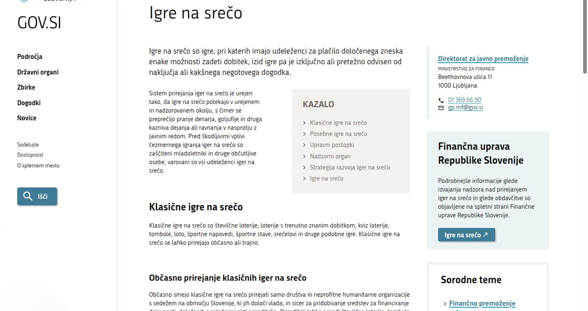 Temeljna stran gov.si o igrah na srečo z izvlečki iz registrov