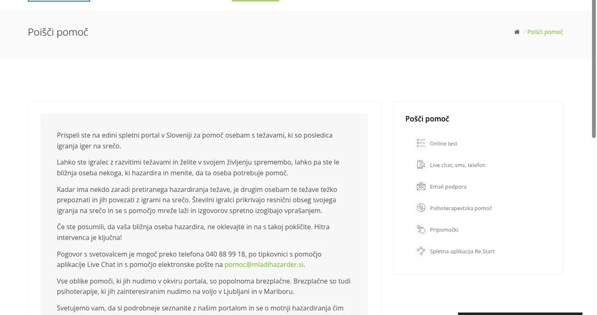 Stran projekta Mladi hazarder s kontakti za pomoč